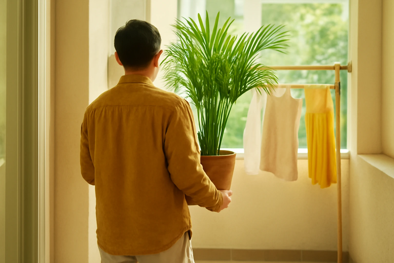 Room by room in a Vietnamese tube house or small apartment: living room, bedroom, balcony and storage